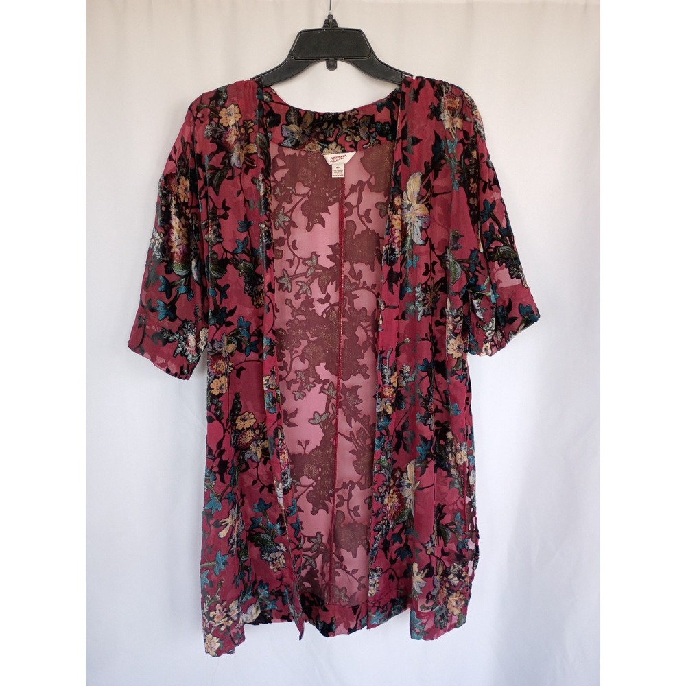 Arizona Jean Co Women Burnout Velvet Floral Open Front Kimono Burgundy Black M/L - Picture 8 of 8
